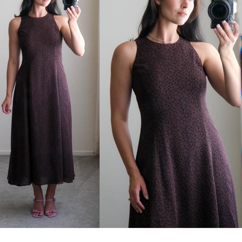 Jones New York Dress Brown Black Floral 100% Silk Sleeveless Maxi Dress NWT 10